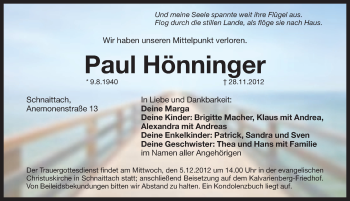 Traueranzeige von Paul Hönninger von Pegnitz-Zeitung